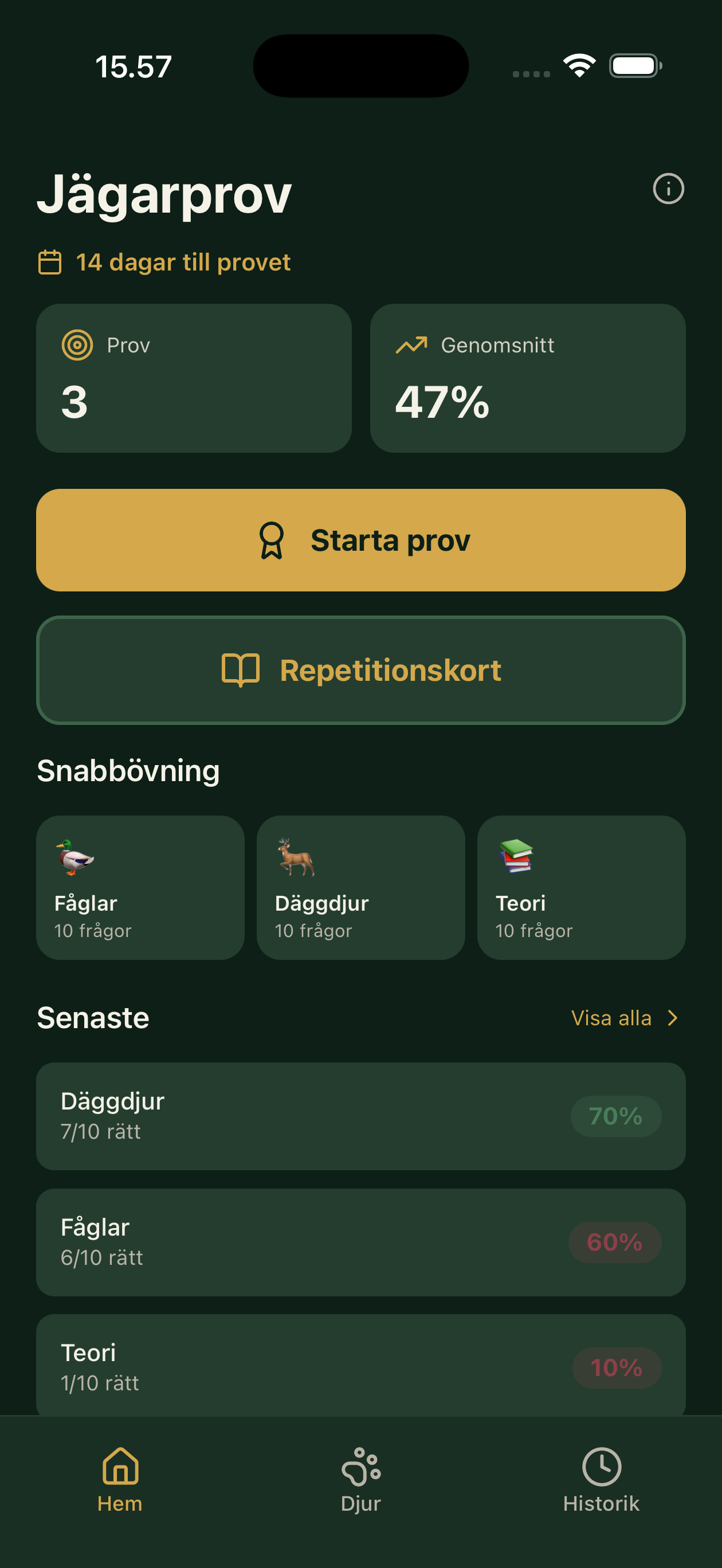 Skärmbild av Jägarprov-appen med övningsprov, snabbövning och resultat